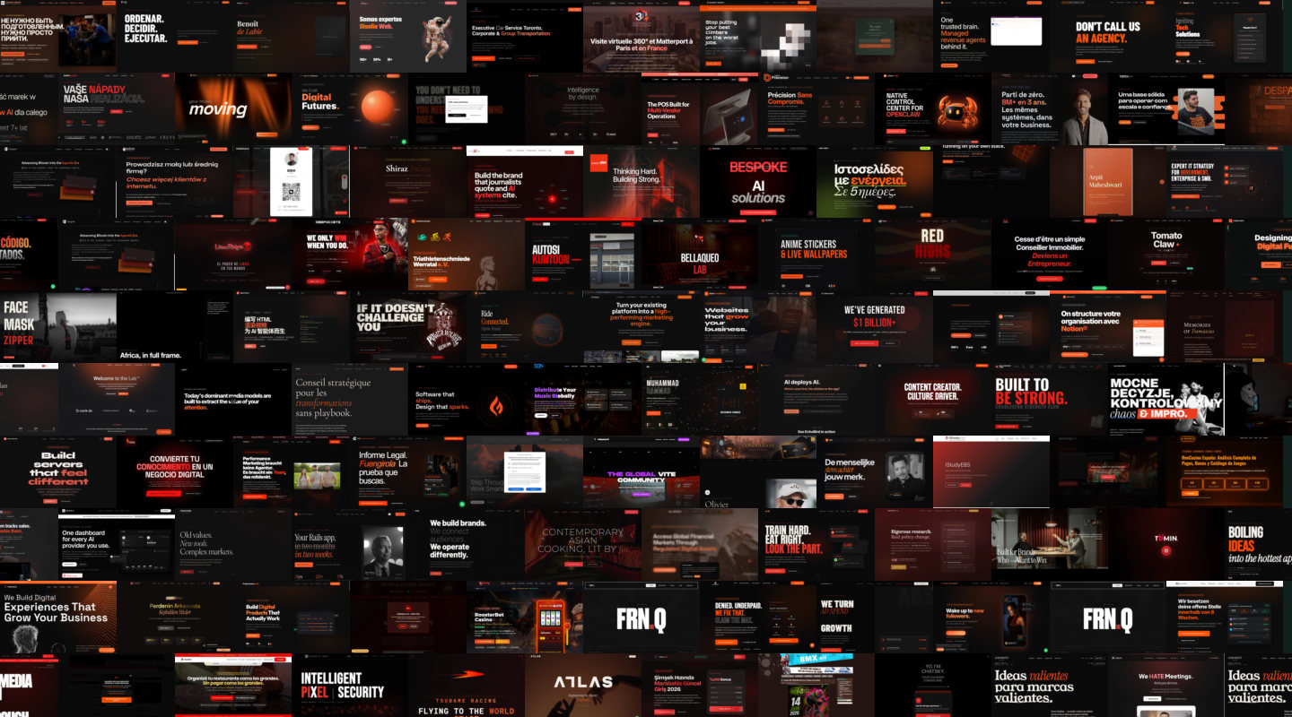 Mosaic of dark websites with warm orange accents