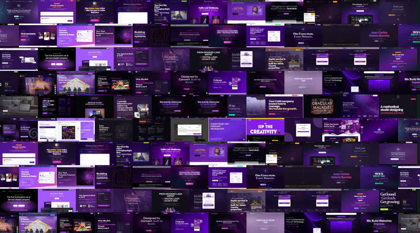 Mosaic of near-identical purple-gradient websites
